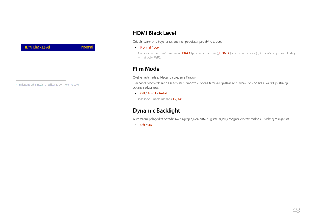 Samsung LH40RMDPLGU/EN, LH48RMDPLGU/EN Hdmi Black Level, Film Mode, Dynamic Backlight, Normal / Low, Off / Auto1 / Auto2 