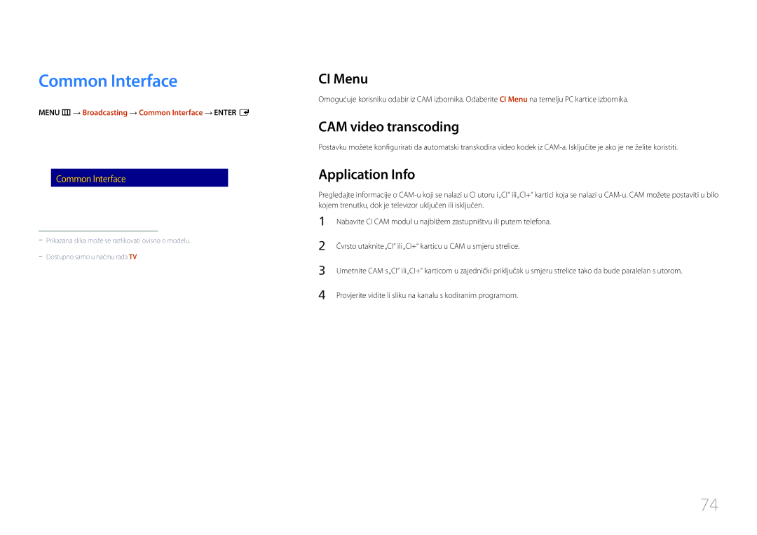 Samsung LH40RMDPLGU/EN, LH48RMDPLGU/EN manual Common Interface, CI Menu, CAM video transcoding, Application Info 