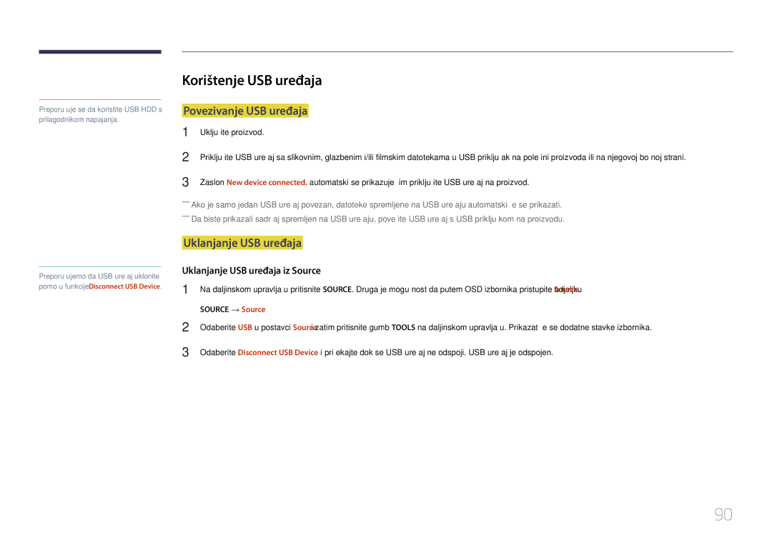 Samsung LH40RMDPLGU/EN manual Korištenje USB uređaja, Povezivanje USB uređaja, Uklanjanje USB uređaja, Source → Source 