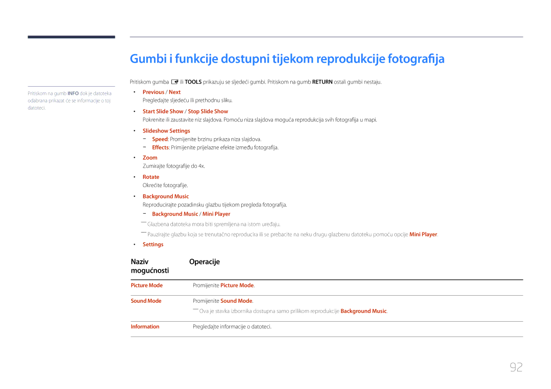 Samsung LH40RMDPLGU/EN, LH48RMDPLGU/EN manual Gumbi i funkcije dostupni tijekom reprodukcije fotografija 