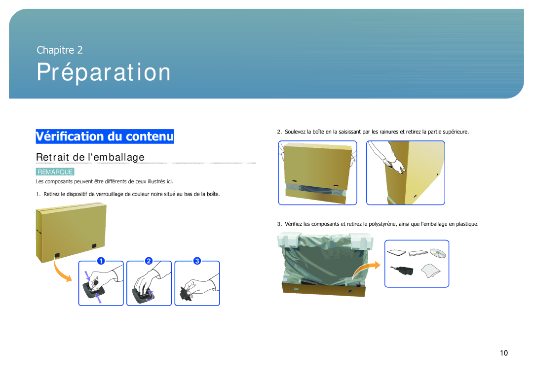 Samsung LH40SFWTGC/EN manual Préparation, Vérification du contenu, Retrait de lemballage 