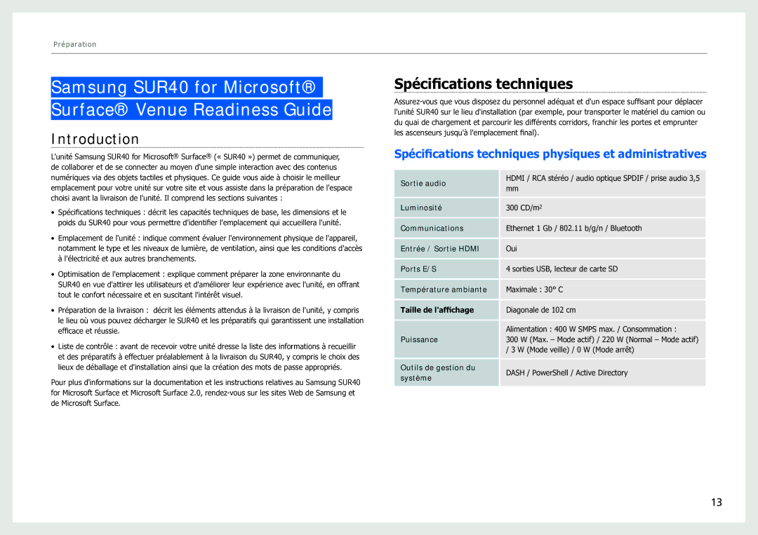 Samsung LH40SFWTGC/EN manual Introduction, Spécifications techniques physiques et administratives 