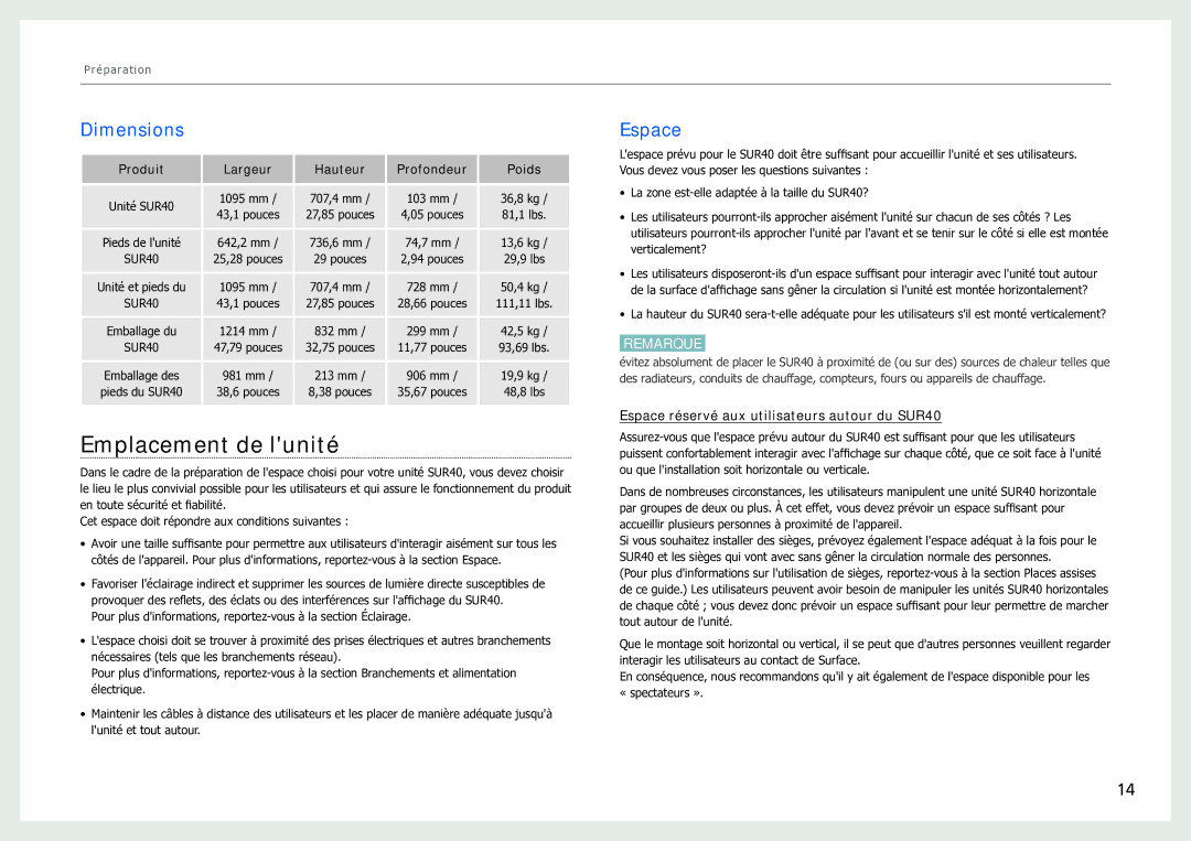 Samsung LH40SFWTGC/EN manual Emplacement de lunité, Dimensions, Espace réservé aux utilisateurs autour du SUR40 