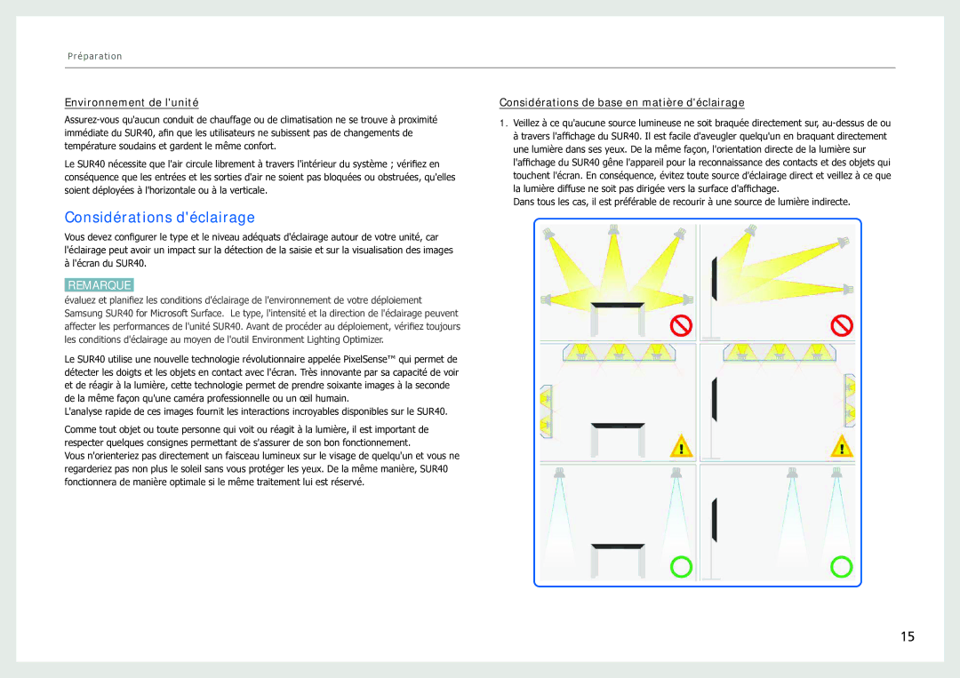 Samsung LH40SFWTGC/EN Considérations déclairage, Environnement de lunité, Considérations de base en matière déclairage 