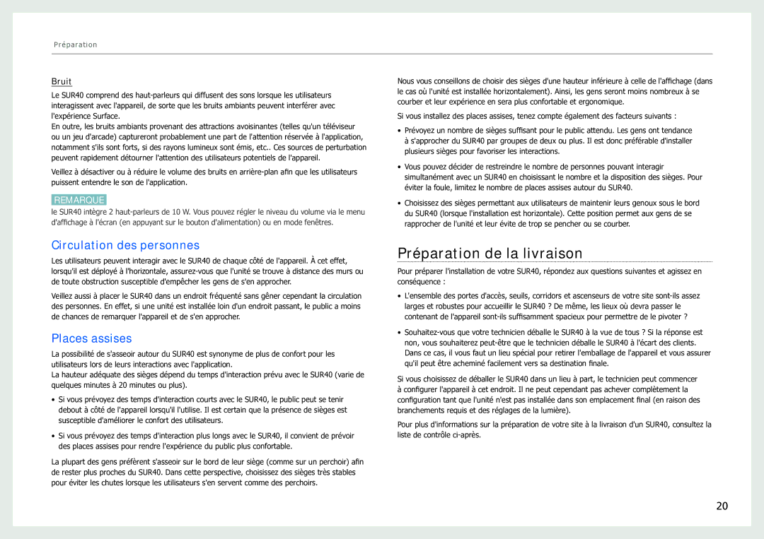 Samsung LH40SFWTGC/EN manual Préparation de la livraison, Circulation des personnes, Places assises, Bruit 