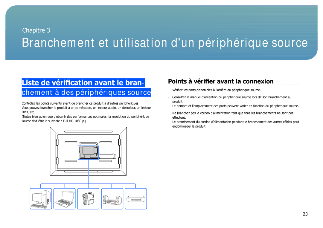 Samsung LH40SFWTGC/EN manual Branchement et utilisation dun périphérique source, Points à vérifier avant la connexion 