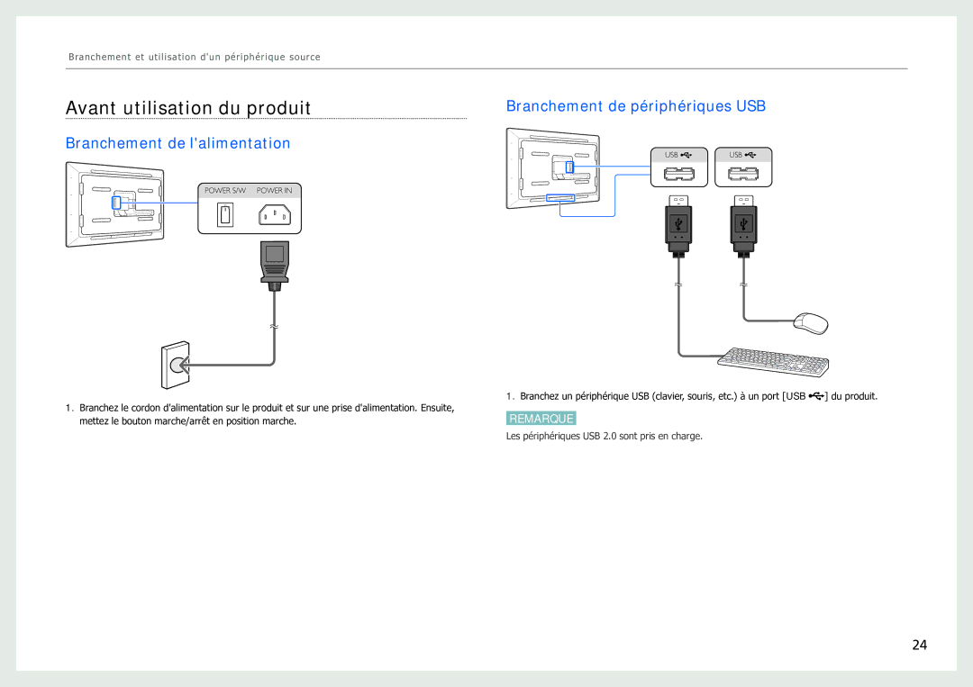 Samsung LH40SFWTGC/EN manual Avant utilisation du produit, Branchement de lalimentation, Branchement de périphériques USB 