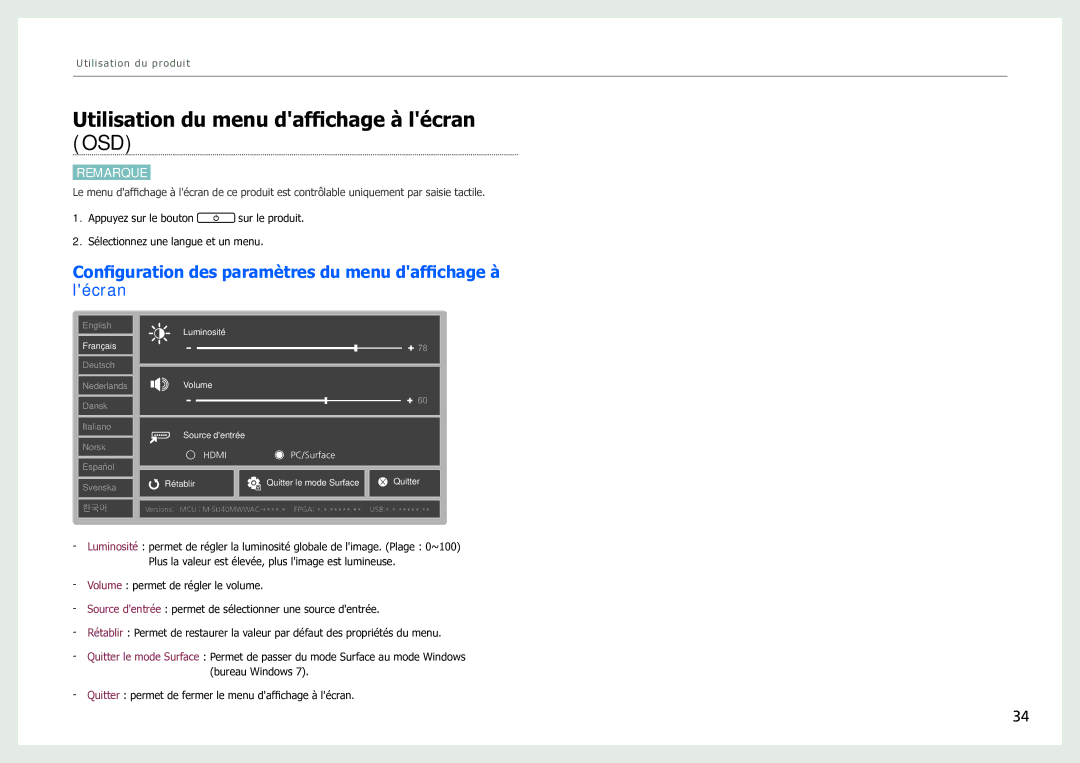 Samsung LH40SFWTGC/EN manual Utilisation du menu daffichage à lécran OSD 