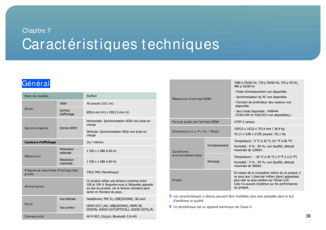 Samsung LH40SFWTGC/EN manual Caractéristiques techniques, Général 