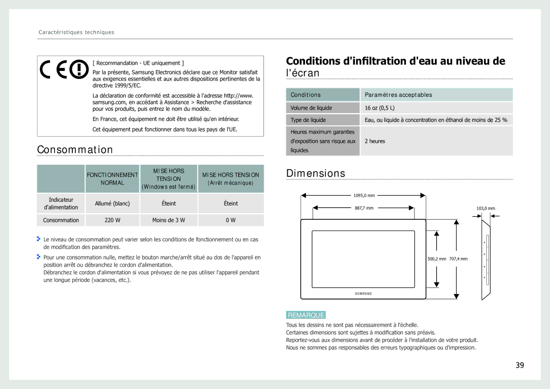 Samsung LH40SFWTGC/EN manual Consommation, Conditions dinfiltration deau au niveau de lécran, Dimensions 