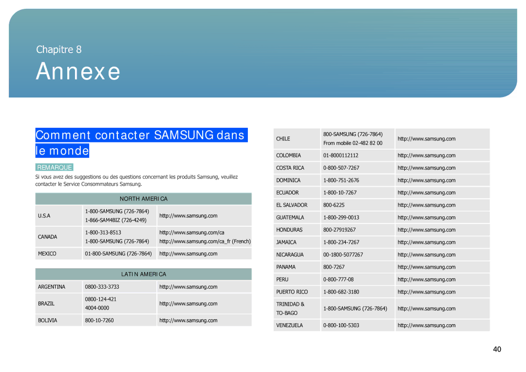 Samsung LH40SFWTGC/EN manual Annexe, Comment contacter Samsung dans le monde, North America, Latin America 