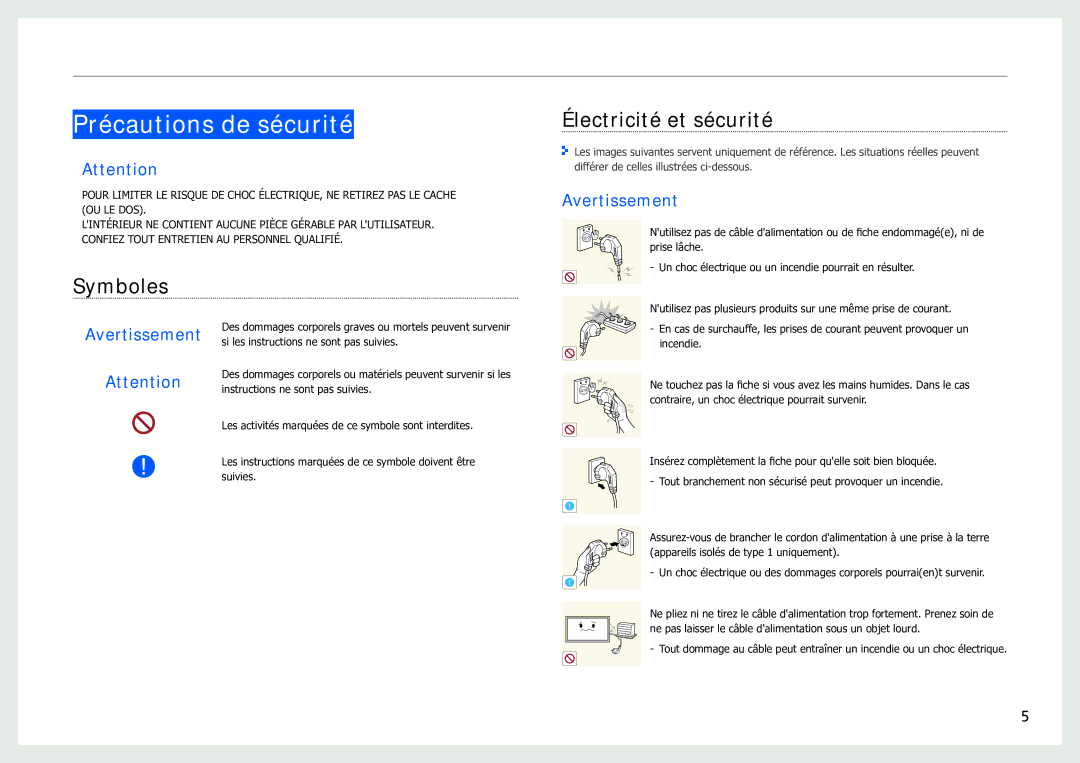 Samsung LH40SFWTGC/EN manual Précautions de sécurité, Électricité et sécurité, Symboles, Avertissement 