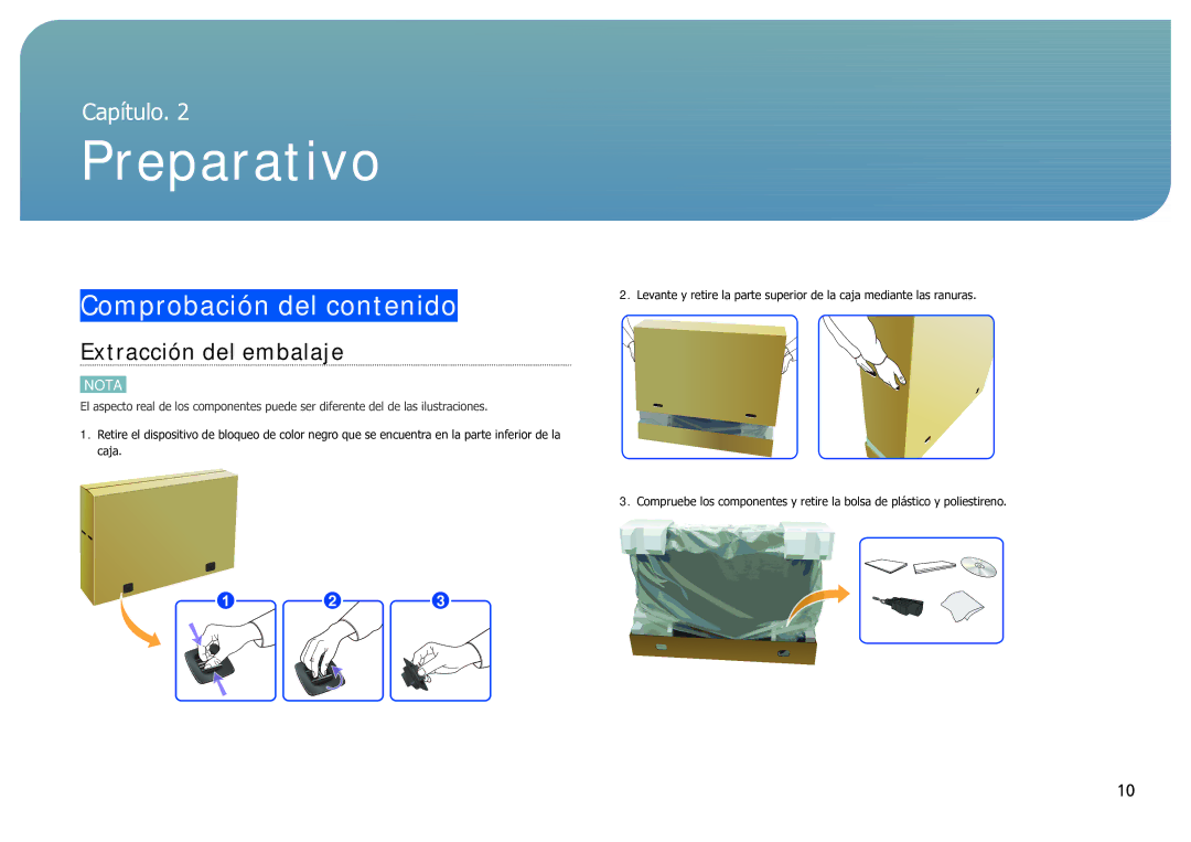 Samsung LH40SFWTGC/EN manual Preparativo, Comprobación del contenido, Extracción del embalaje 