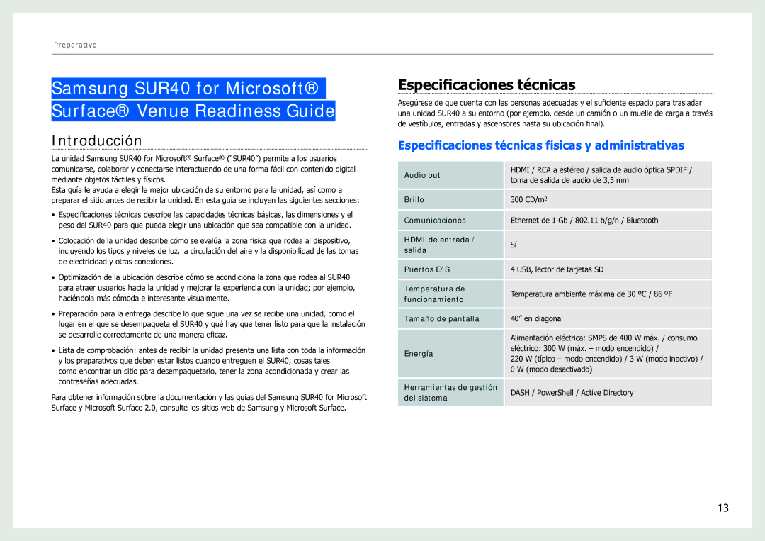 Samsung LH40SFWTGC/EN manual Introducción, Especificaciones técnicas físicas y administrativas 