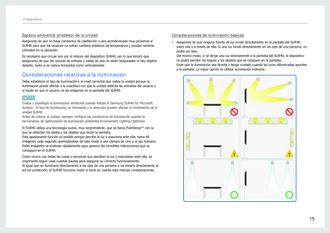 Samsung LH40SFWTGC/EN manual Consideraciones relativas a la iluminación, Espacio ambiental alrededor de la unidad 