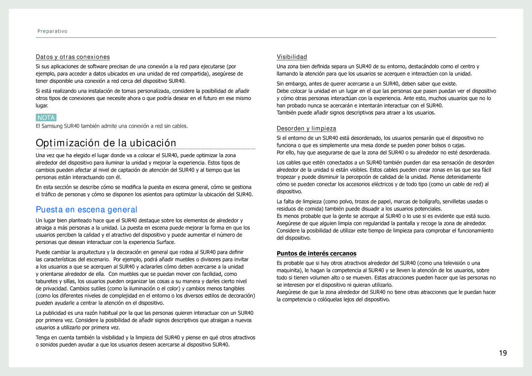 Samsung LH40SFWTGC/EN manual Optimización de la ubicación, Puesta en escena general 