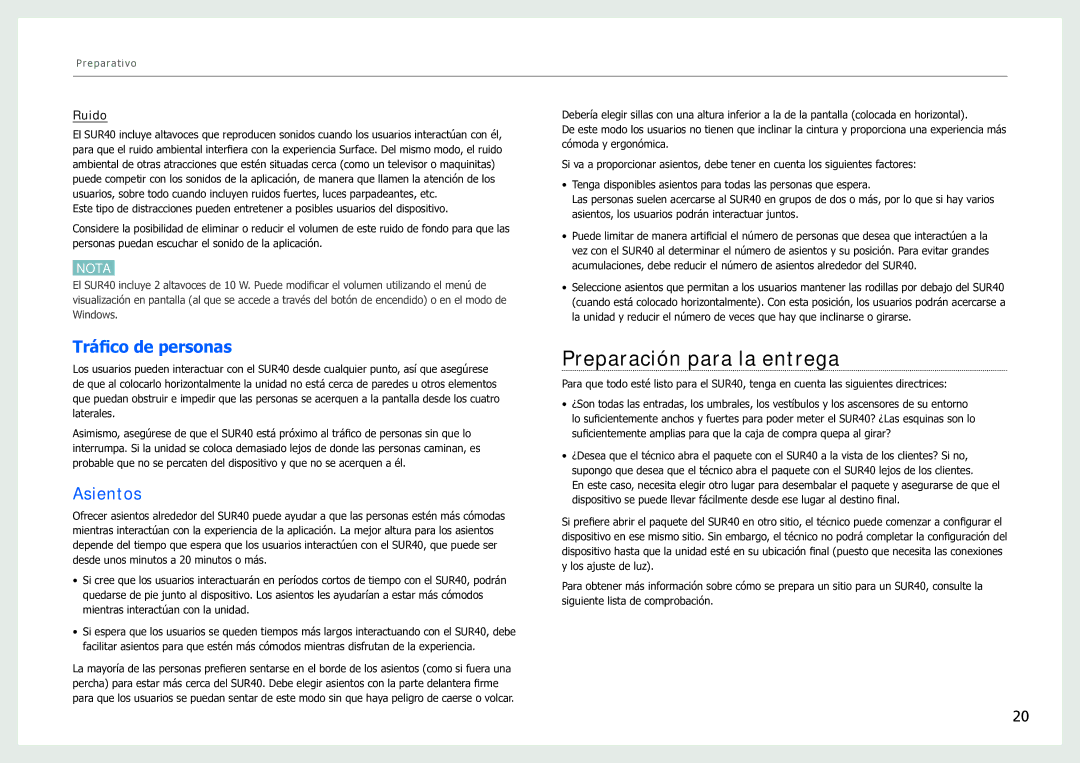 Samsung LH40SFWTGC/EN manual Preparación para la entrega, Tráfico de personas, Asientos, Ruido 