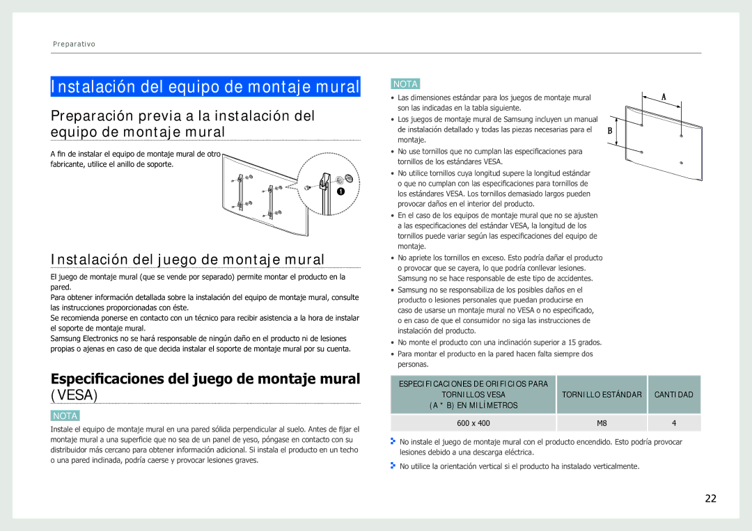 Samsung LH40SFWTGC/EN Instalación del juego de montaje mural, Especificaciones del juego de montaje mural Vesa, 600 x 