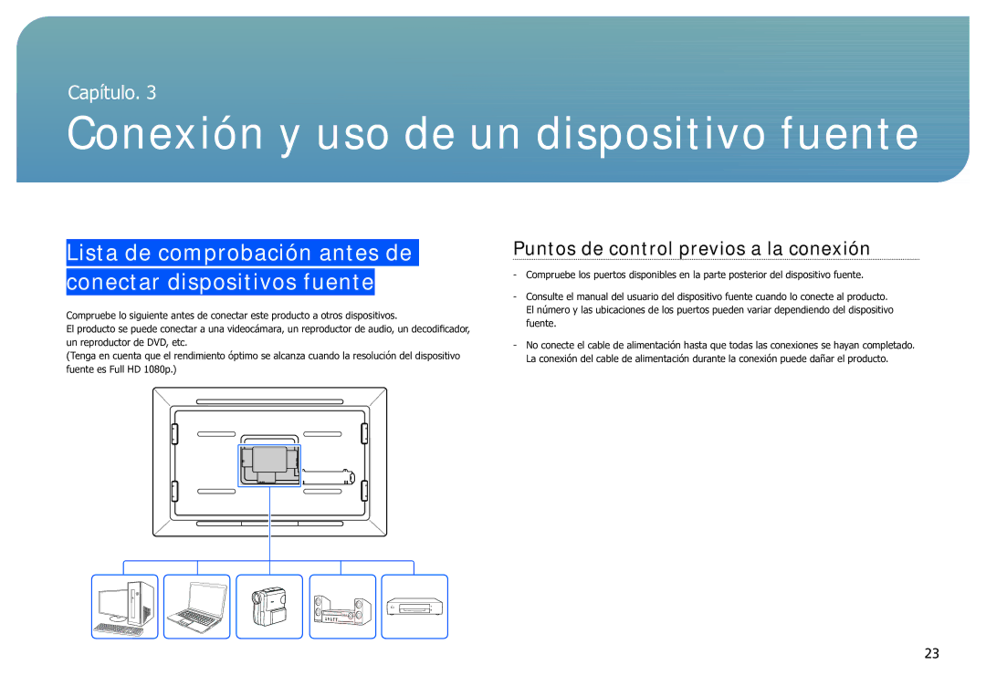 Samsung LH40SFWTGC/EN Conexión y uso de un dispositivo fuente, Lista de comprobación antes de conectar dispositivos fuente 