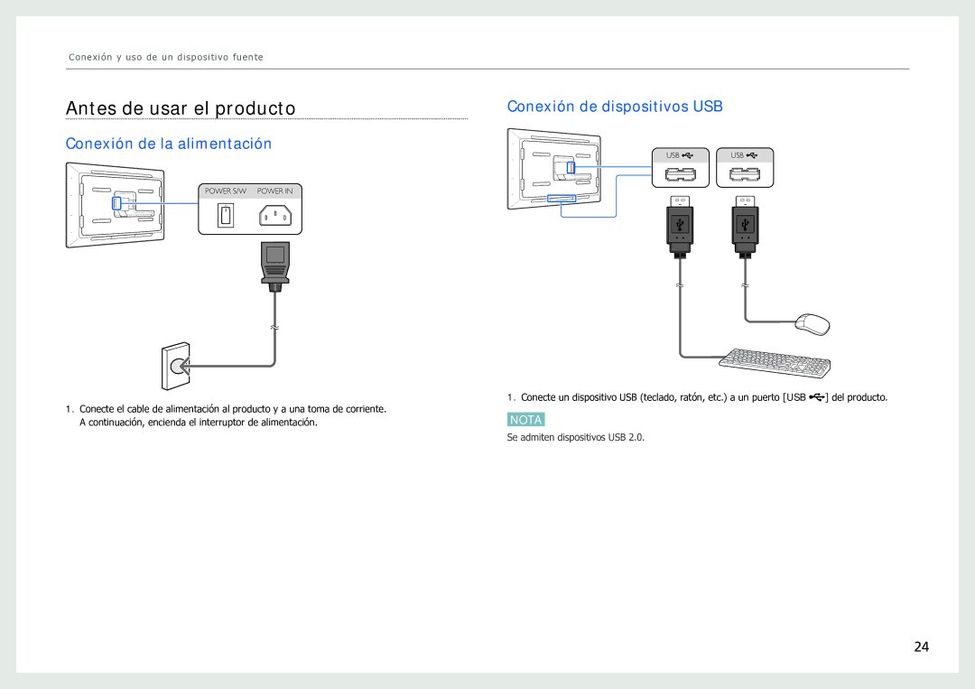 Samsung LH40SFWTGC/EN manual Antes de usar el producto, Conexión de la alimentación, Conexión de dispositivos USB 