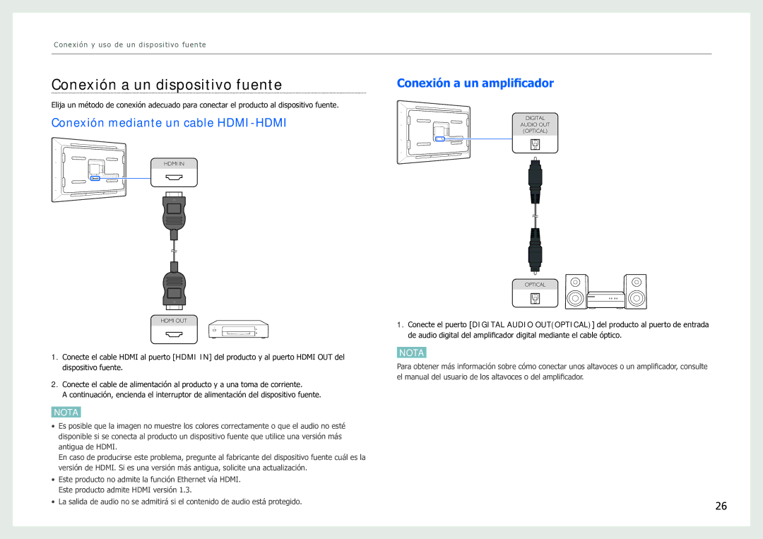 Samsung LH40SFWTGC/EN manual Conexión a un dispositivo fuente, Conexión a un amplificador 