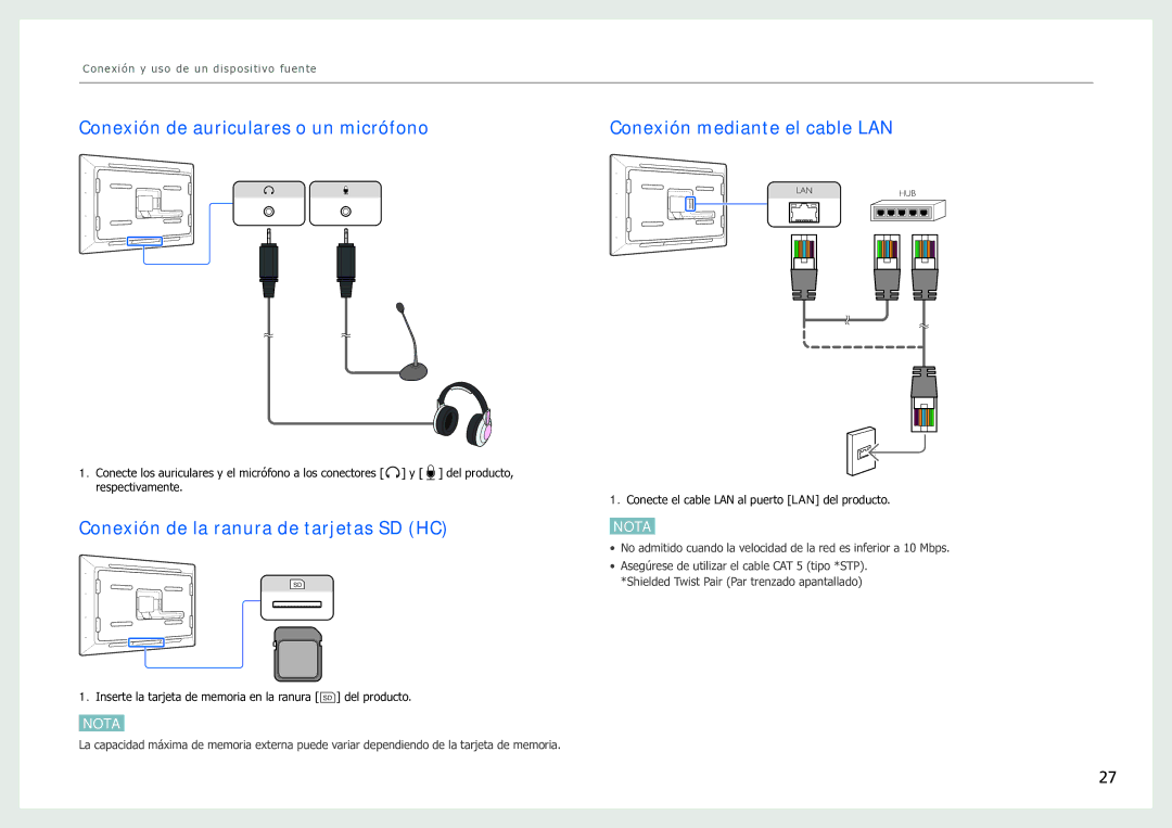 Samsung LH40SFWTGC/EN manual Conexión de auriculares o un micrófono, Conexión de la ranura de tarjetas SD HC 