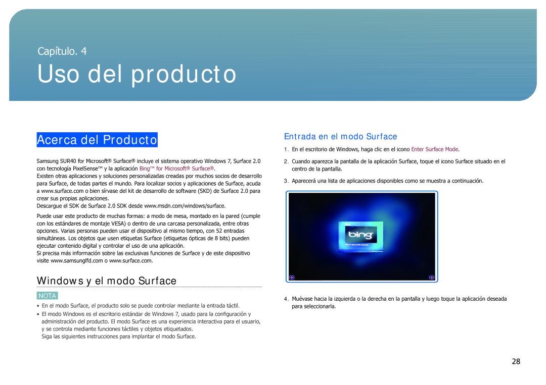 Samsung LH40SFWTGC/EN manual Uso del producto, Acerca del Producto, Windows y el modo Surface, Entrada en el modo Surface 