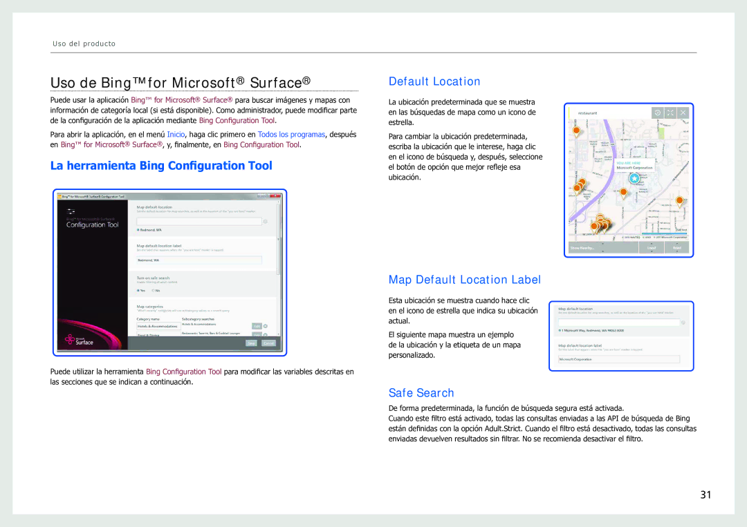 Samsung LH40SFWTGC/EN manual Uso de Bing for Microsoft Surface, La herramienta Bing Configuration Tool, Default Location 