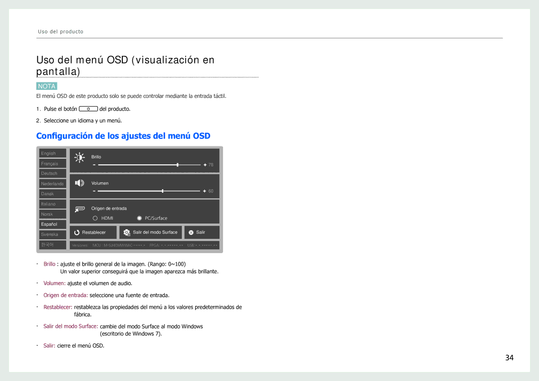 Samsung LH40SFWTGC/EN manual Uso del menú OSD visualización en pantalla, Configuración de los ajustes del menú OSD 