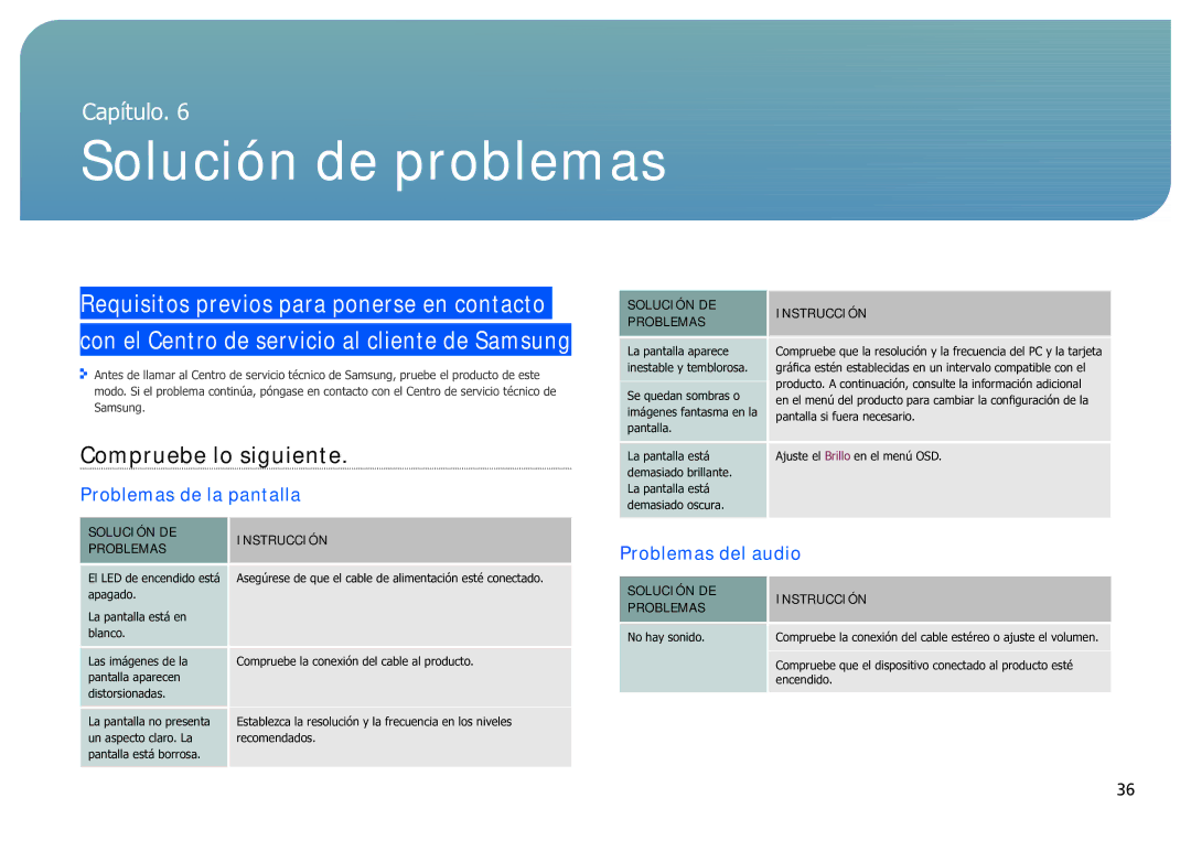 Samsung LH40SFWTGC/EN manual Compruebe lo siguiente, Problemas de la pantalla, Problemas del audio 