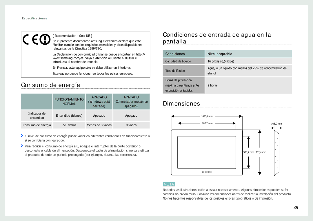 Samsung LH40SFWTGC/EN manual Dimensiones, Especificaciones 