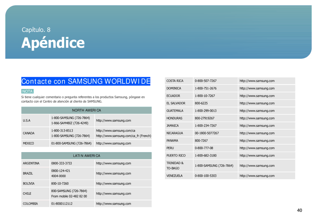 Samsung LH40SFWTGC/EN manual Apéndice, Contacte con Samsung Worldwide, North America, Latin America 