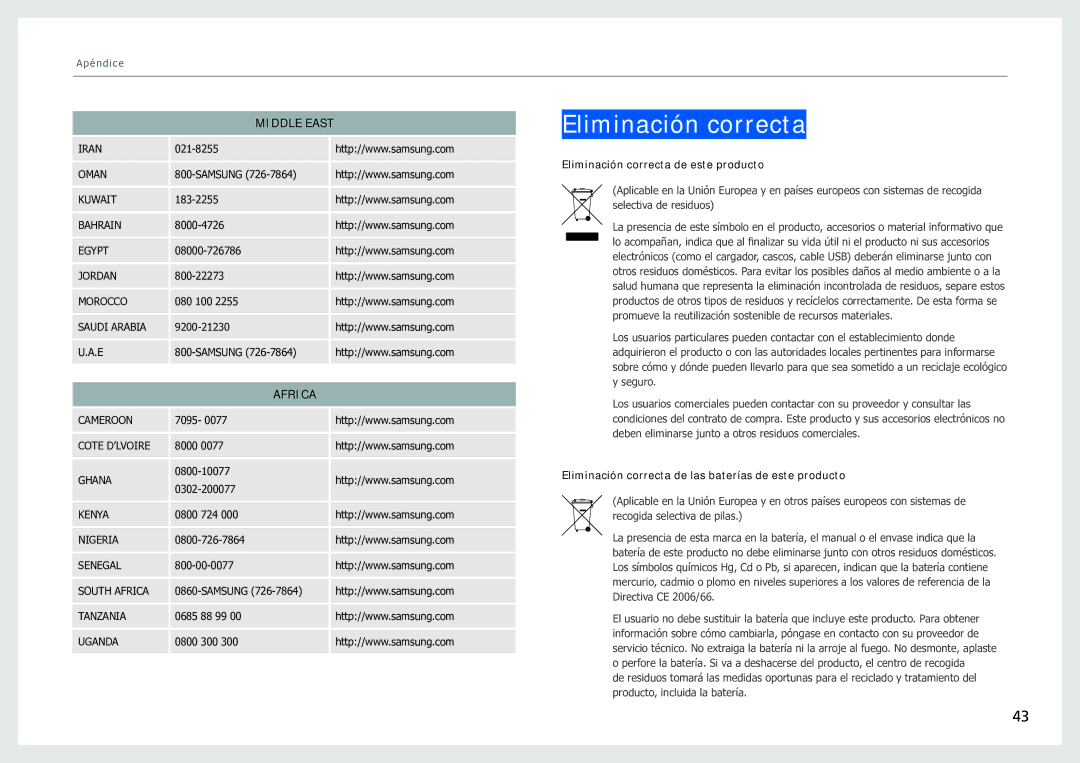 Samsung LH40SFWTGC/EN manual Middle East, Africa, Eliminación correcta de este producto 