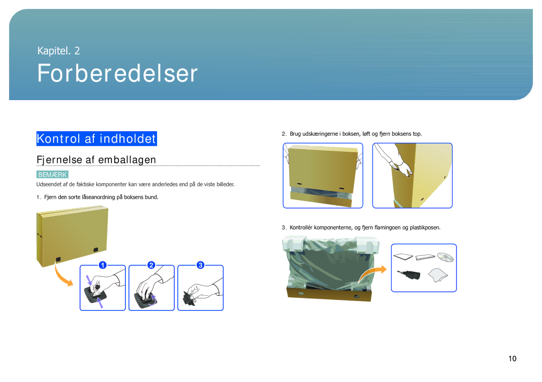 Samsung LH40SFWTGC/EN manual Forberedelser, Kontrol af indholdet, Fjernelse af emballagen 