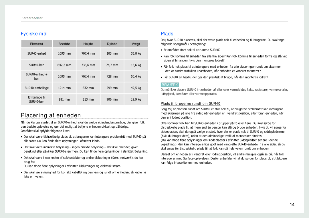 Samsung LH40SFWTGC/EN manual Placering af enheden, Fysiske mål, Plads til brugerne rundt om SUR40 