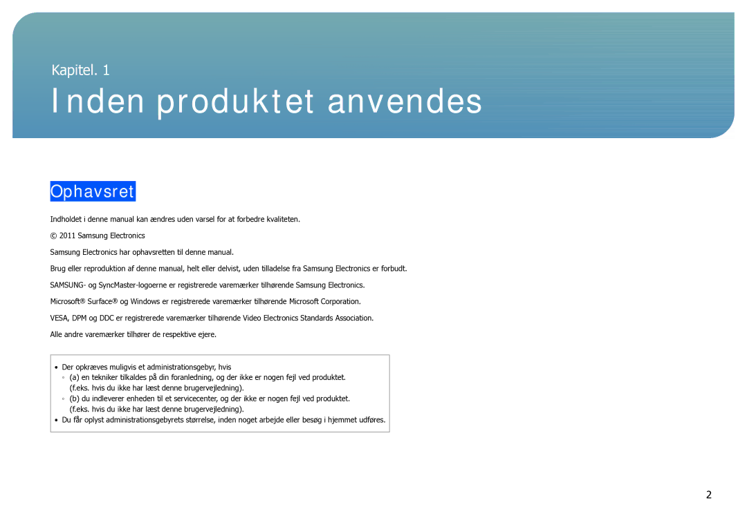 Samsung LH40SFWTGC/EN manual Inden produktet anvendes, Ophavsret 