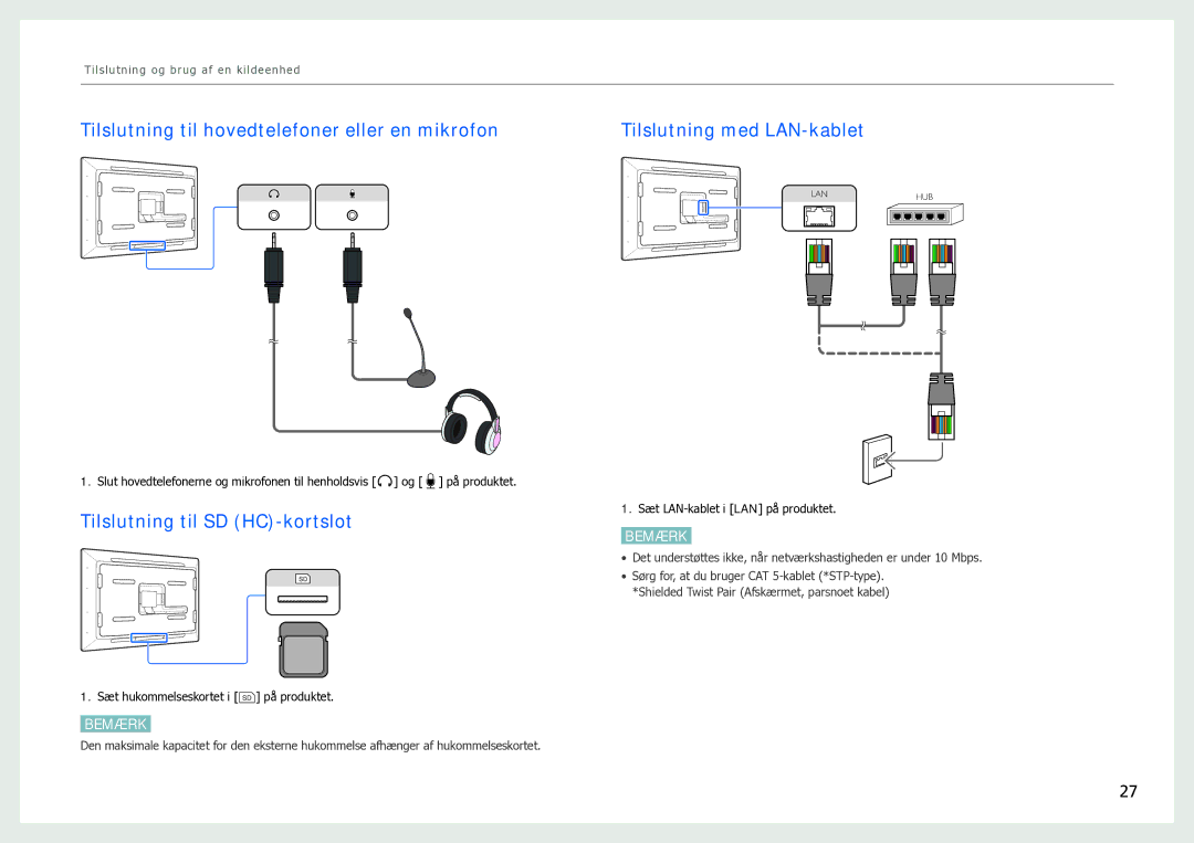 Samsung LH40SFWTGC/EN manual Tilslutning til hovedtelefoner eller en mikrofon, Tilslutning til SD HC-kortslot 