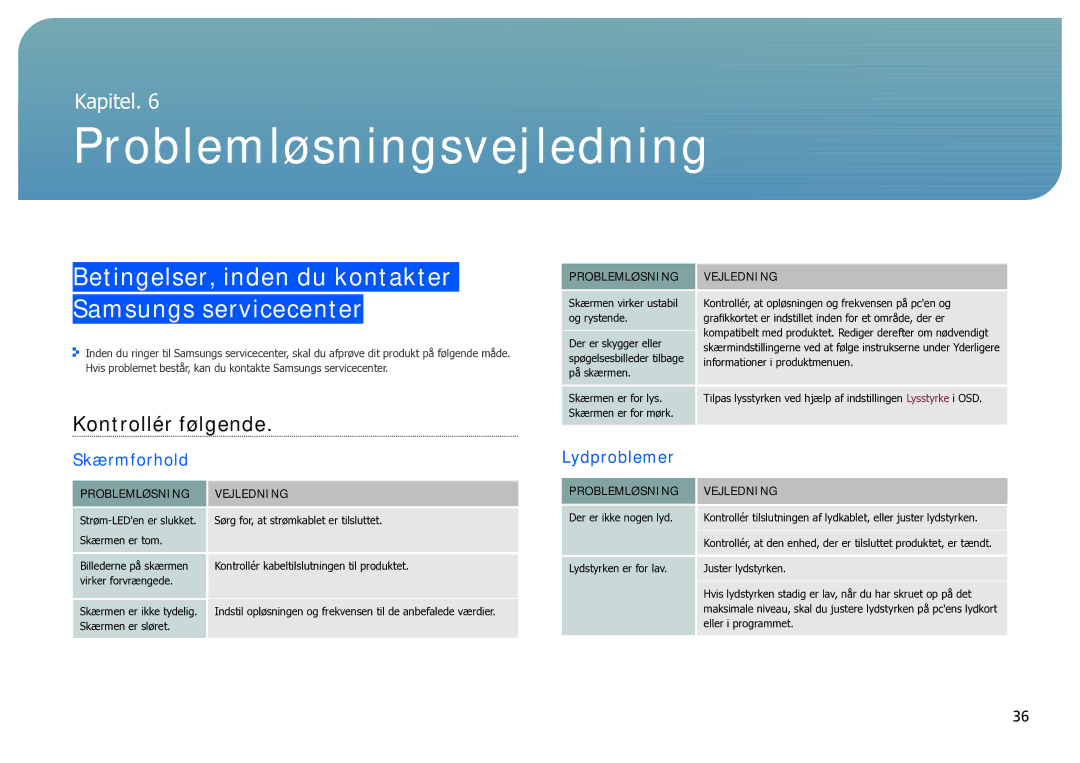 Samsung LH40SFWTGC/EN Problemløsningsvejledning, Betingelser, inden du kontakter Samsungs servicecenter, Skærmforhold 