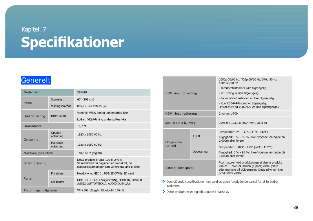 Samsung LH40SFWTGC/EN manual Specifikationer, Generelt 