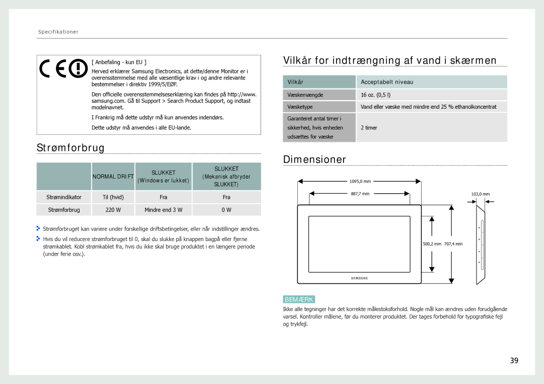 Samsung LH40SFWTGC/EN manual Strømforbrug Vilkår for indtrængning af vand i skærmen, Dimensioner 