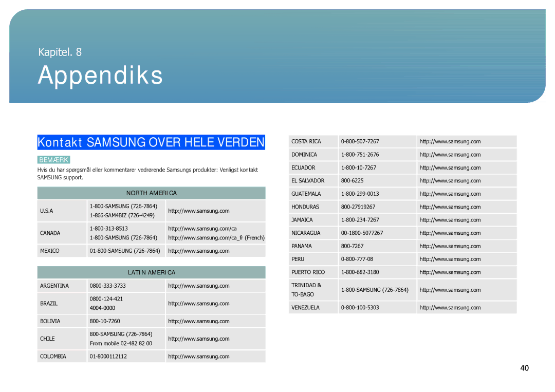 Samsung LH40SFWTGC/EN manual Appendiks, Kontakt Samsung Over Hele Verden, North America, Latin America 