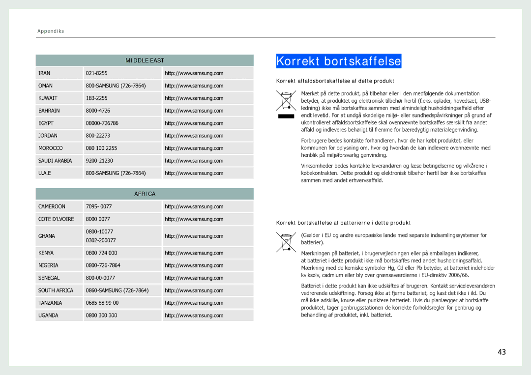 Samsung LH40SFWTGC/EN manual Korrekt bortskaffelse, Middle East, Africa 