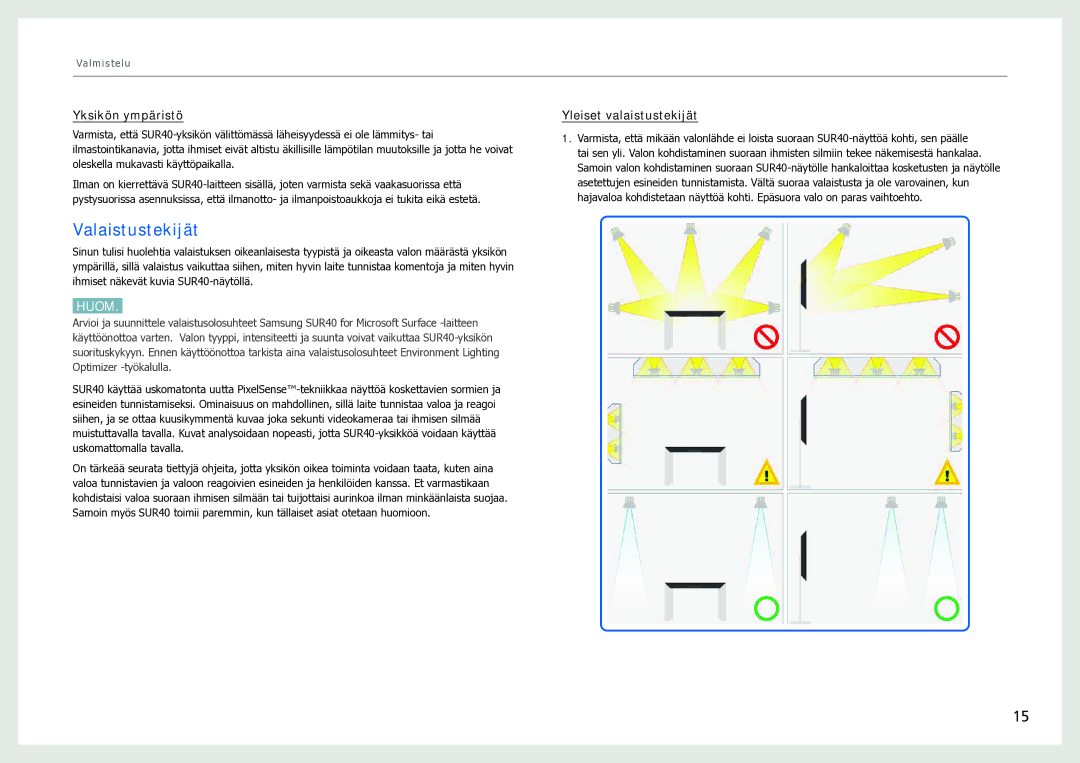 Samsung LH40SFWTGC/EN manual Valaistustekijät, Yksikön ympäristö, Yleiset valaistustekijät 