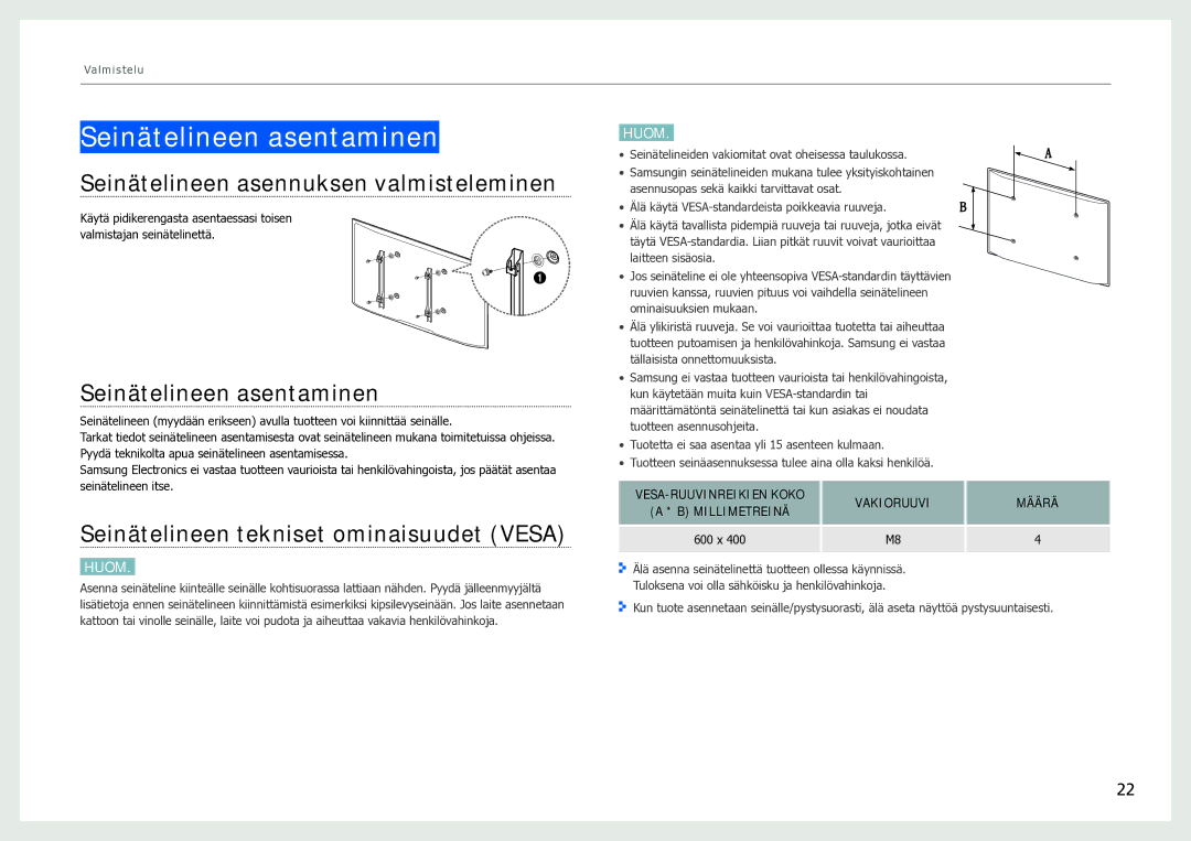 Samsung LH40SFWTGC/EN manual Seinätelineen asentaminen, Seinätelineen asennuksen valmisteleminen 