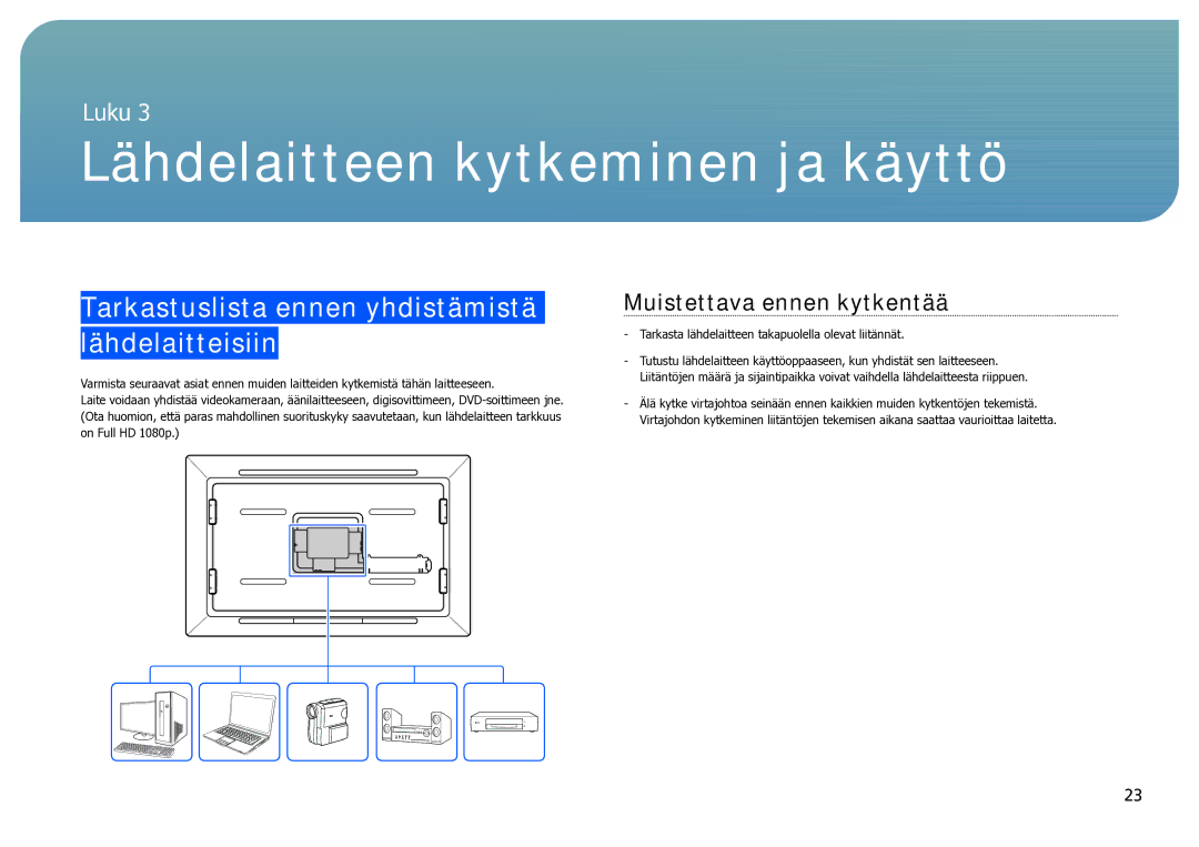 Samsung LH40SFWTGC/EN manual Lähdelaitteen kytkeminen ja käyttö, Tarkastuslista ennen yhdistämistä lähdelaitteisiin 