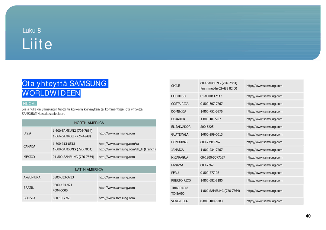 Samsung LH40SFWTGC/EN manual Liite, Ota yhteyttä Samsung, North America, Latin America 