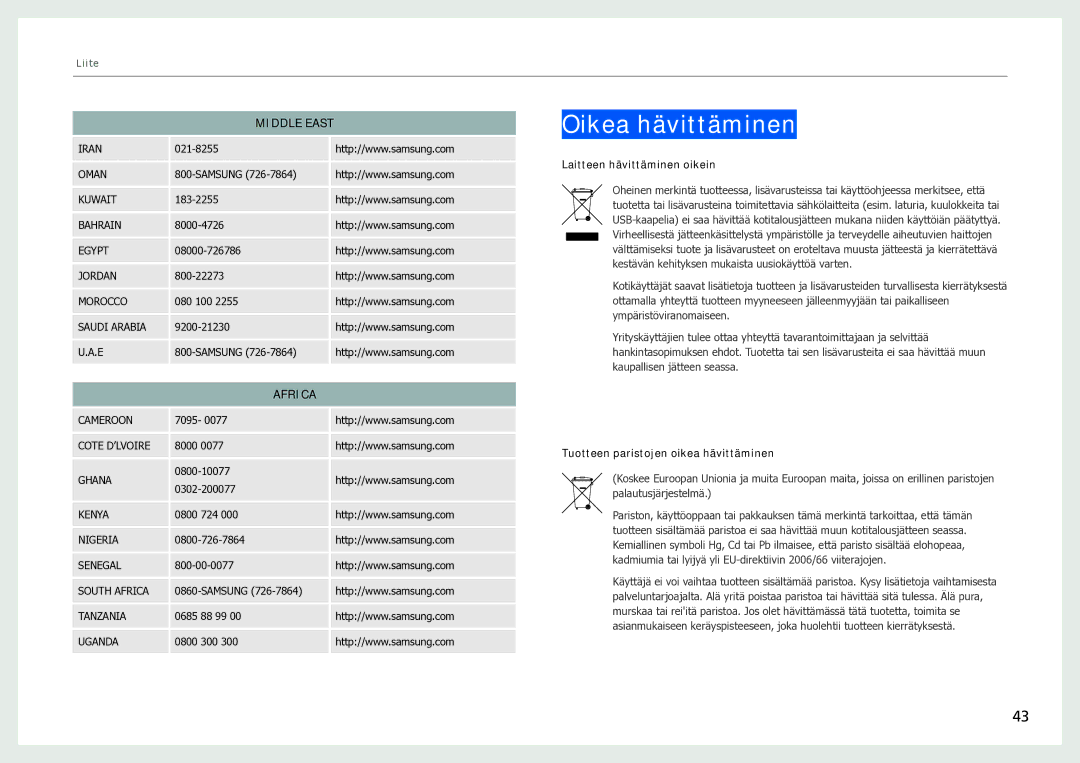 Samsung LH40SFWTGC/EN manual Oikea hävittäminen, Middle East, Africa 