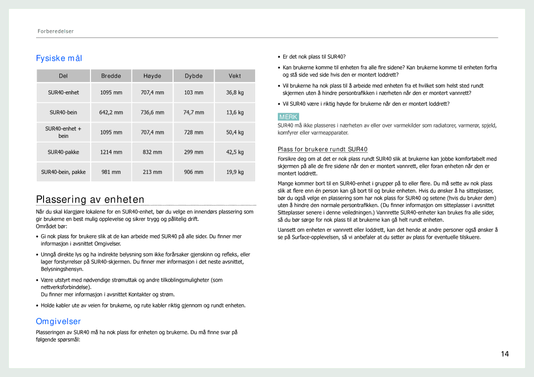 Samsung LH40SFWTGC/EN manual Plassering av enheten, Fysiske mål, Omgivelser, Plass for brukere rundt SUR40 