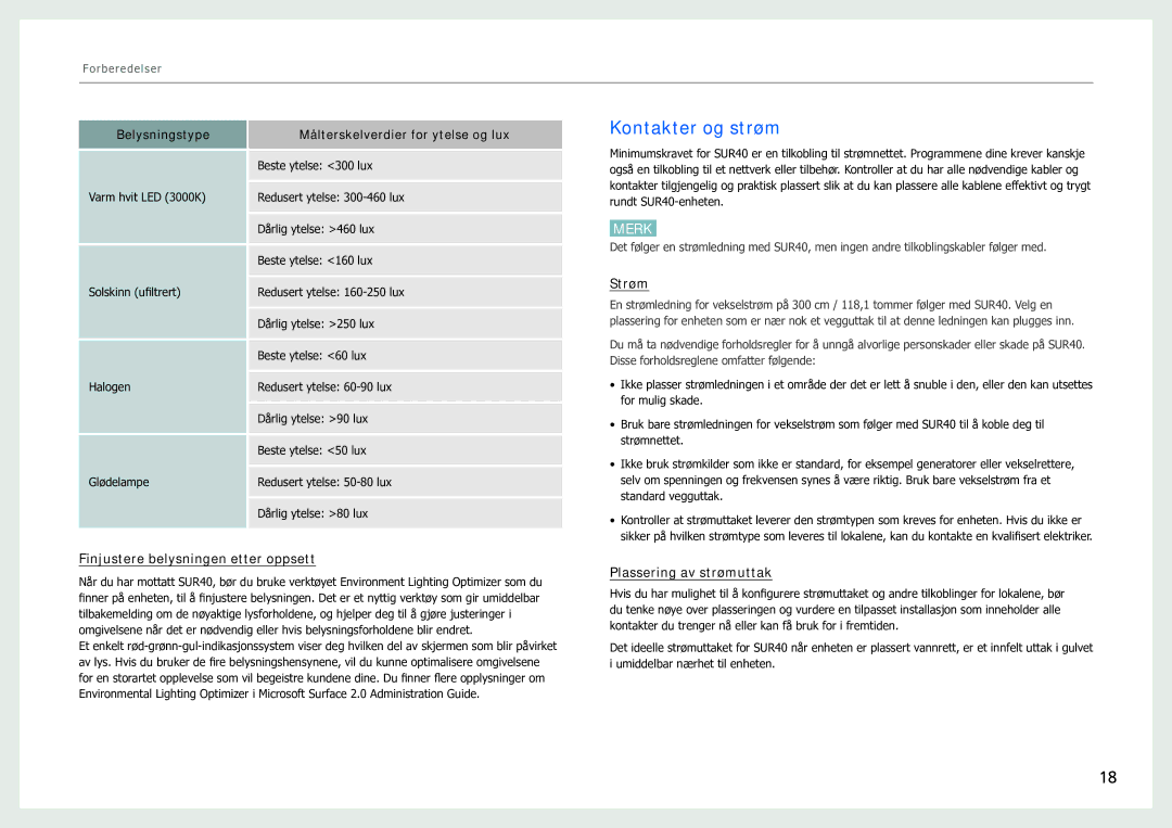 Samsung LH40SFWTGC/EN manual Kontakter og strøm, Finjustere belysningen etter oppsett, Strøm, Plassering av strømuttak 