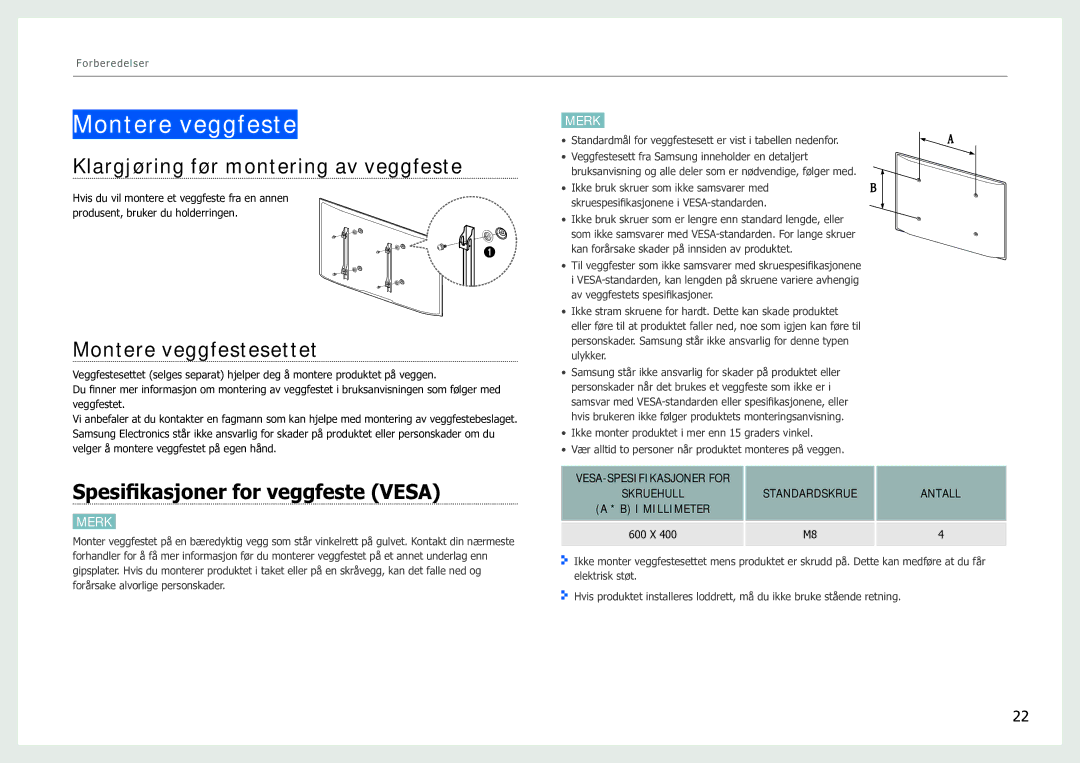 Samsung LH40SFWTGC/EN manual Klargjøring før montering av veggfeste, Montere veggfestesettet 